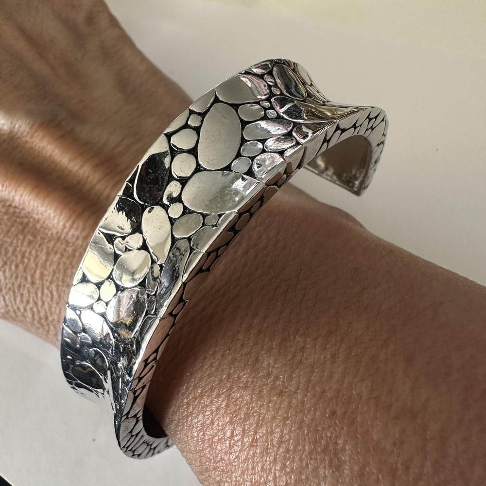 Silver Tone‎ Textured Wide Cuff Bracelet Womens Open Band Pebble Statement